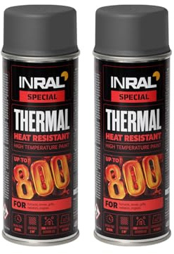 INRAL Hitzebeständiger Lack Grau –Auspufflack Grau Matt für Metalloberflächen - Langlebige, Hitzebeständige Farbe – 2 x 400 ml Schnell Trocknender Ofenlack Matt für Heimwerker