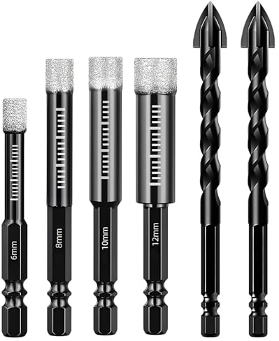 6PCS Diamond Drill Bits Set 6/8/10/12mm Tile Drill Bit 6mm Diamonds Hex Shank Hole Saw Bit Dry Drills for Drilling Granite Ceramic Porcelain Marble Stone Glass Hard Materials