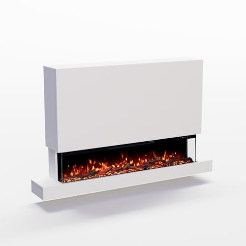 GF Core Elektrokamin Clear Wall XL mit realistischem 3D LED-Feuer - Stand-Elektrokamin mit Heizung und Kaminfeuer, App Steuerung, Knistereffekt & Timer, max. 1800 W, 137x85x21cm, Weiss