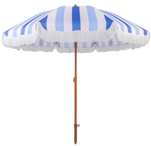 Parasol d'extérieur à Franges Style Bohème, Parasol de Plage de 200 cm avec Pompons et Bouton Inclinable, Rayures bleues et blanches