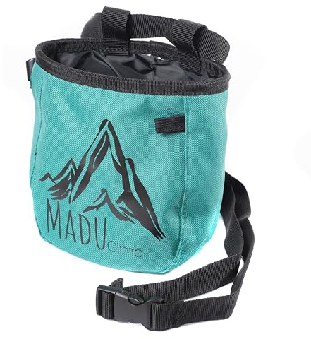 Madu Climb Borsa porta gesso per arrampicata su roccia – Portagesso con tasca con cerniera, portaspazzole, fodera in pile e chiusura con coulisse – Borsa turchese