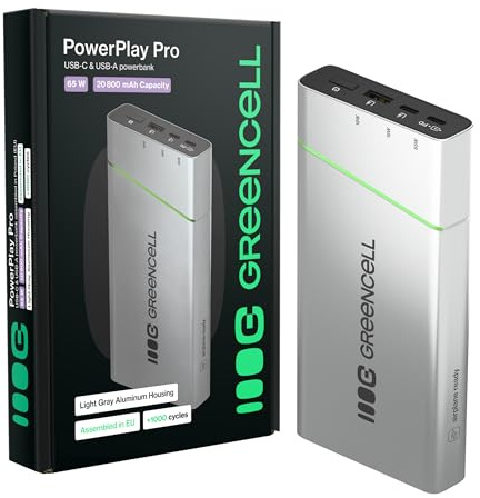 Greencell PowerPlay Powerbank 20800mAh 65W – USB-C PD Schnellladung, 2X USB-C & 1x USB-A, Externes Ladegerät für MacBook, iPhone 16/15/14 Pro Max, Konsolen, Reisen, Flugzeug Geeignet – Silber