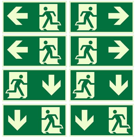 8 Stück Notausgangsschild, 300X150mm PVC Notausgang Schild Fluchtwegschilder Nachleuchtend, Selbstklebend Schild Notausgang mit Pfeilen nach Unten, Links und rechts für Hotels, Schulen, Kinos