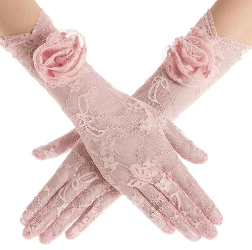 BABEYOND Spitze Handschuhe für Damen - Florale Opera Handschuhe Stretch Elegante Accessoires für Tee-Party, Hochzeit, Ball, Abendparty 1920er, Gatsby Stil Nude-Rosa