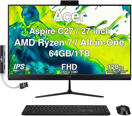 acer Aspire 27 All-in-One Desktop, 27 Zoll IPS FHD Display, AMD Ryzen 7 5825U (Ryzen 7 5000 Series), 64GB DDR4, 1TB SSD, Wi-Fi 6E, Webcam, Bluetooth 5.3, Windows 11 Pro, mit DKZ USB Port Expander
