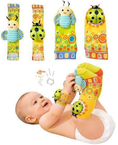 Sumneo 4 Stück Baby Socken mit Rasseln, Handgelenk Rasseln Spielzeug für Neugeborene 0-6 Monate, Sensorisches Lernspielzeug für Frühförderung, Baumwolle Babyspielzeuge für Jungen und Mädchen