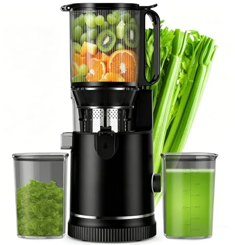 Entsafter Slow Juicer 400W, 152 mm Extra Großer Einfüllschacht für Ganze Früchte und Gemüse, Hohe Saftausbeute, 3-in-1 Sieb (Saft, Sorbet, Nussmilch), BPA-frei (1, black)