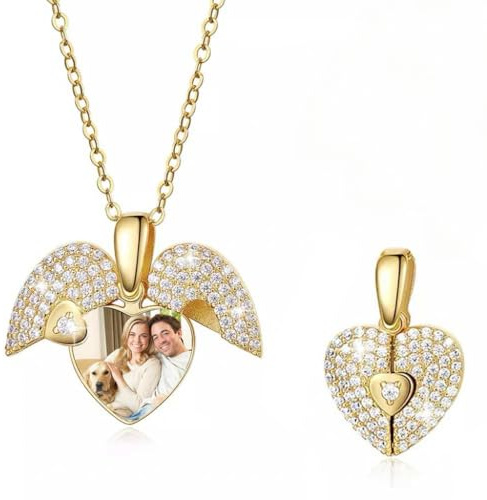 GSTFY Personalisierte Foto-Herz-Medaillon-Halskette aus Messing/925er-Sterlingsilber, personalisierbarer kubischer Zirkonia, Engelsflügel-Bild- und Textgravur, Anhänger, Schmuck mit Bild, Geburtstag