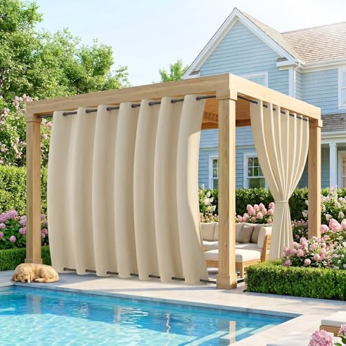 IRONDELIC Outdoor Vorhang Wetterfest Extra Breit B254xH213cm, Winddicht mit Ösen Oben und Unten, Sichtschutz &Sonnenschutz für Pavillon Terrasse Balkon Garten, 1 Stück (Beige)