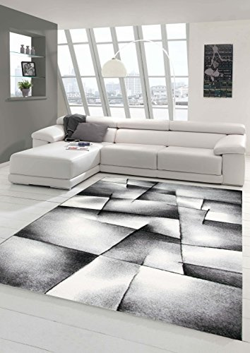 Teppich-Traum Kurzflor Teppich Karo-Patchwork Grau Schwarz Weiß 80x150 cm | Pflegeleicht, schmutzabweisend, strapazierfähig und OEKO-TEX geprüft, Konturenschnitt, für Fußbodenheizung & Wohnbereich