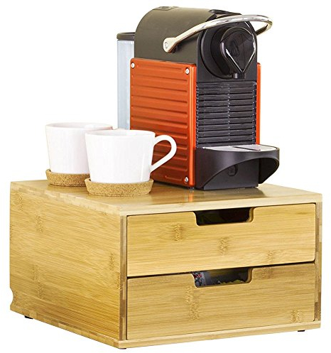 BAKAJI Portacapsule Contenitore Doppio Cassetto Porta Cialde compatibile per Capsule Nespresso Dolcegusto Modomio Caffè e Bustine Tè Zucchero, struttura in Legno di Bambù Bamboo (31 x 31 x 18 cm)