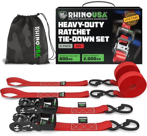 Rhino USA Sangles à Cliquet (Lot de 2) 4cm x 2,4m - Sangle d'Arrimage | 2.000kg Résistance à la Rupture, Cliquet, Crochets S & Boucles Souples. Pour Camion, ATV, UTV, Moto & Cargo. Rouge
