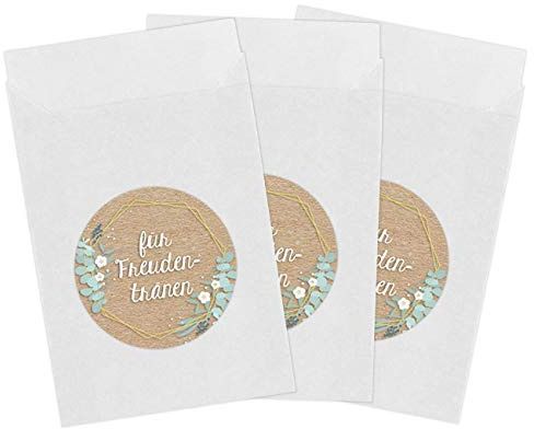 Papierdrachen 50 weiße Papiertüten & 50 Freudentränen Aufkleber für die Hochzeit | Verpackung für Freudentränen Taschentücher | Vintage Deko (Papiertüten & Sticker) - Set 7