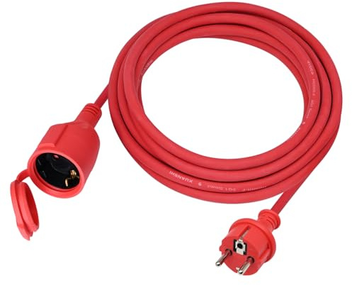 Verlängerungskabel Outdoor 5m für den Außenbereich, Gummi Verlängerung Stromkabel mit Schuko Stecker, IP44 Verlängerungsleitung 3G1,5 mm² Kabel, Elektrokabel außen, mit Schutzkappe, 3500w, Rot