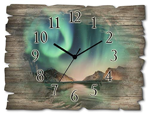 ARTLAND Wanddeko Wanduhr ohne Tickgeräusche aus Holz Quarzuhr 40x30 cm Rechteckig Lautlos Nordlicht Polarlicht Landschaft Natur Nordisch T9SZ