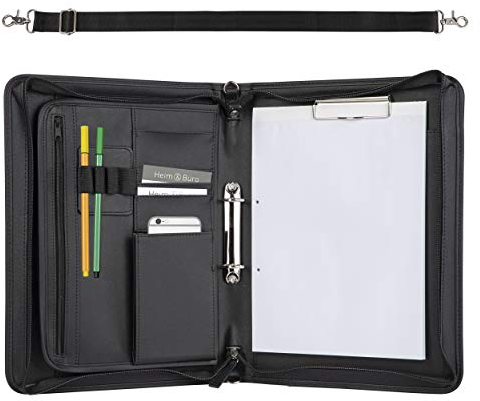 ONVAYA® Konferenzmappe A4 mit Tragegurt | schwarz | silber | Aktenmappe | Businessmappe | Schreibmappe mit Block | strapazierfähiges Kunstleder | Metallplatte für Gravur | Dokumentenmappe