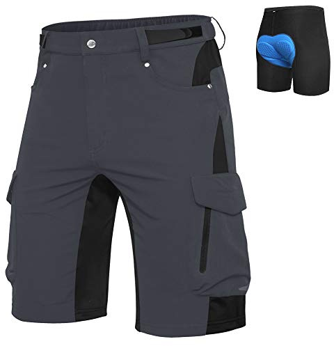Ally Mens Mountain Bike Shorts 4D Padded Lightweight Quick Dry Stretch Loose-fit with 6 Pockets for Cycling Biking Bicycle Riding Biker (Dark Grey, Large)