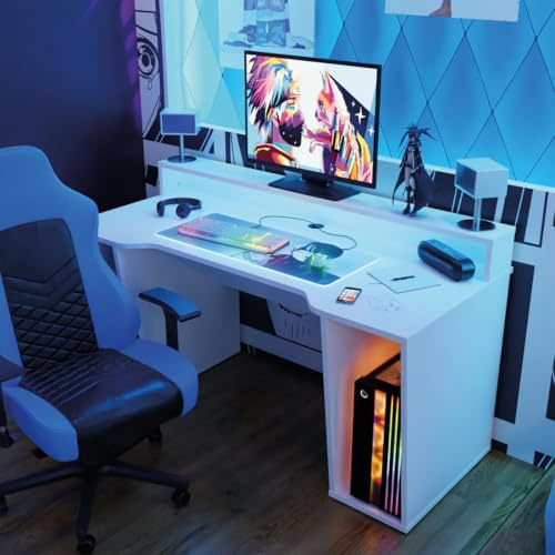 Forte TEZAUR Computertisch Gaming Desk mit LED Beleuchtung, Holzwerkstoff, Weiß, B x H x T: 160 x 91 x 72 cm