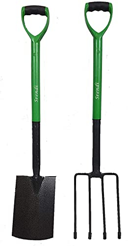 Easy Shopping® Set of Spade & Fork, Garden Rake, Prong Rake, Dutch Hoe, Digging Hoe Head with Handel and 3.5M Window Cleaner (Spade & Fork Set)