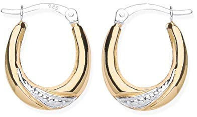 9ct Gold on Silver Oval Creole Earrings ~ Patterned Hoop