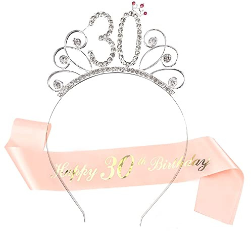 HCRXVV Dirty Thirty Geburtstagskrone Schärpe Set Roségold Kristall Kronen Passend für Birthday Girl,Krone Damen für 30.Geburtstag Mädchen Geschenk Junggesellinnenabschied Set Prinzessin für Frauen