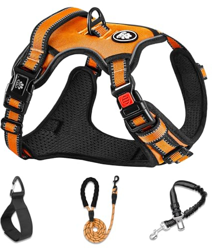 NESTROAD Hundegeschirr für große Hunde Größe L Orange | Set aus gepolstertem Anti-Zug-Brustgeschirr, Hundeleine und Autosicherheitsgurt, Halsumfang 38–48 cm, Brustumfang 48–74 cm