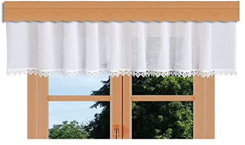 kollektion MT Querbehang Lavina Vogtländische Spitze mit geometrischem Muster in weiß | hochwertiger Dekobehang mit moderner Stickerei-Kante | Zeitloser Volant handgefertigt Höhe x Breite 30 x 200 cm