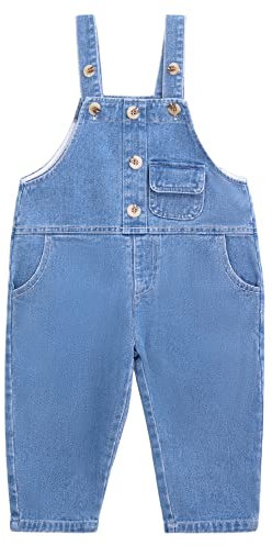 Camilife Baby Kleinkind Jungen Mädchen Basic Denim Latzhosen Overall Baumwolle Jeans Hose mit Hosenträger - Einfarbig Classic Blau Jeans Größe 92