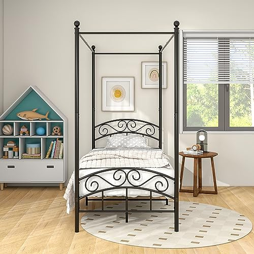 JELUTE Struttura letto a baldacchino da 91 cm, con testiera e pediera in stile europeo ornato, in acciaio robusto, si adatta perfettamente al materasso, facile da montare, tutte le parti incluse,