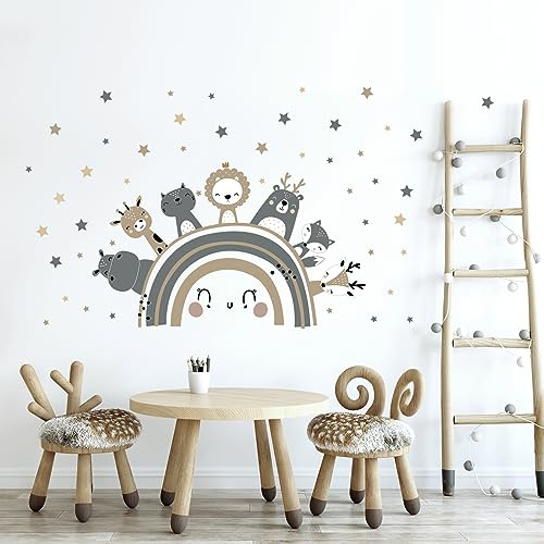 Tanlaby Arcoíris Animales Pegatinas Pared Safari Adhesivos Boho Gris | Bosque Jirafa León Decorativos Pared para Bebé Habitación Cuarto Jugar Guardería Infantiles