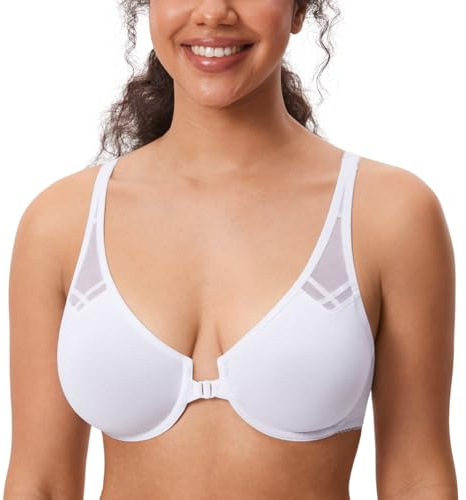 DELIMIRA Front Fastening Racerback Plus Size Bra | Full Coverage, Supportive, Underwire, Plunge, Unlined, For Women