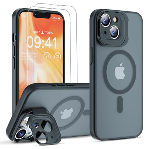 GOODVISH Magnetisch für iPhone 14 Hülle und iPhone 13 Hülle Kompatibel mit MagSafe [Kamera Ständer+2X Schutzfolie] All-in-1 Rundumschutz Handyhülle Stoßfeste Translucent Schutzhülle, Schwarz