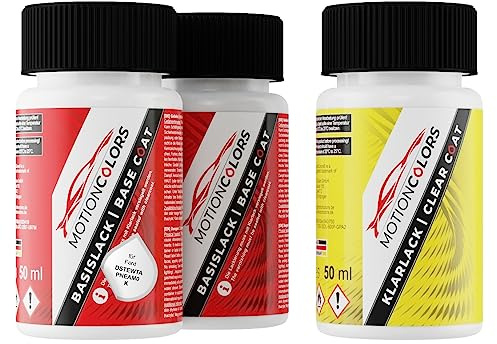 MOTIONCOLORS Ruby Red Metallic/Ruby Rot Pearl DSTEWTA / PNEAM0 / K für Ford Autolack Lackstift Set Grundlack Basislack Klarlack je 50ml