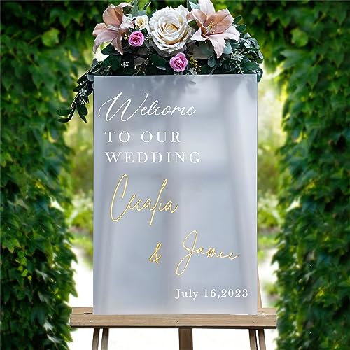 Willkommensschild aus Acryl, personalisierbar, gefrostet, für Hochzeit, 3D, Aufschrift Welcome to our Wedding, für Eingangsbereich, Garten, Bankettsaal