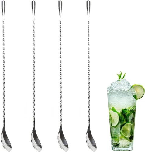 4 Pcs Bar Spoon Cocktail Mixing Spoon – 12'' Long Stainless Steel Cocktail Stirrers with Polished Surface, Easy to Clean – Great for Professional and Home Use, Practical Gift for Drink Mixing Lovers