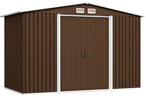 Hovothy Gerätehaus 257x205x178 cm Gartenschrank Wetterfest Geräteschuppen Stahl Gartenhaus Metall Fahrradunterstand Kaminholzregal Blechhütte Braun