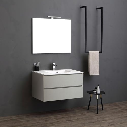 Kiamami Valentina - Mobile bagno sospeso 90cm 2cassetti grigio perla, lavabo in resina, specchio 90x70 con lampada | Valentina