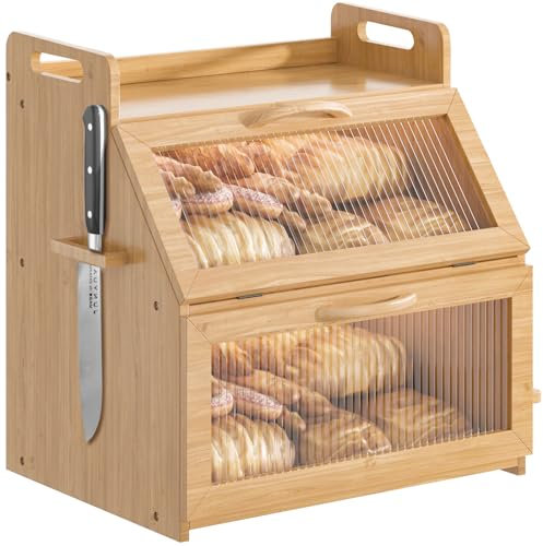 Caja de pan, caja de pan para encimera de cocina, contenedor grande de almacenamiento de pan para pan casero, organizadores de madera de granja, contenedor de pan de doble capa con soporte acrílico
