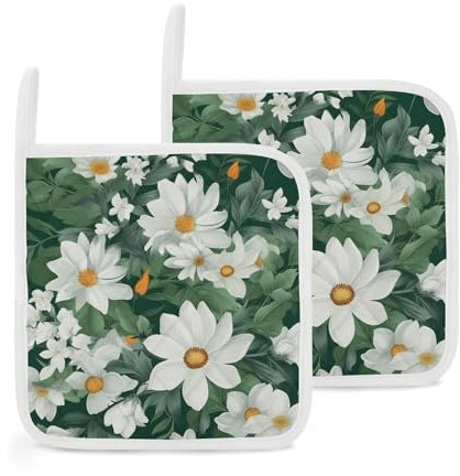 Set di 2 presine da cucina resistenti al calore, per piani di lavoro, foglie verdi e fiori bianchi, set di presine antiscivolo per forno, sottopentola da forno, 20 cm