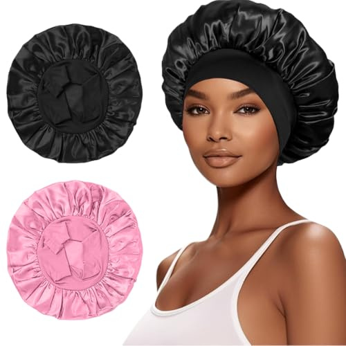 Gorro y Pañuelo de Seda Dormir, Gorro para Mechas, Pañuelo Suave y Cómodo (Negro, Rosa)