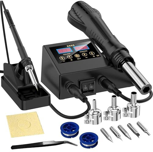 MiBoce Soldering Iron Welding Station Kit, 2-in-1 Hot Air Rework Station, with 3 Nozzles and 5 Soldering Iron Tip, C°F° Temperature Display, for Electronics SMD Soldering Desoldering