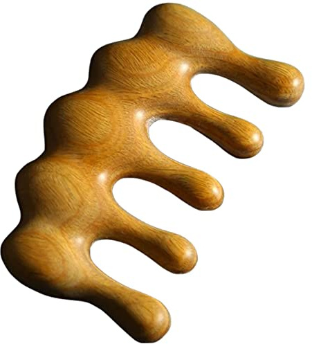 Gua Sha Kamm für Kopfhaut, Holzkamm mit Fünf Zähnen, Khaki | Kopfhautmassage zu Hause und Unterwegs, Glatte Polierte Oberfläche, Holzmaterial, Handlich für Reisen