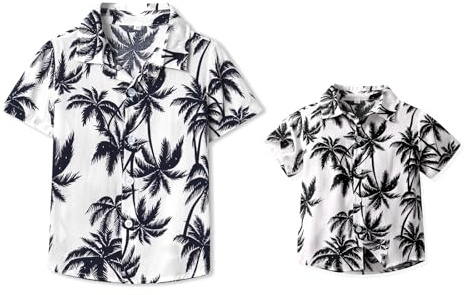 Yoolhamy Camicia Estiva Uomo Corta Hawaiana Famiglia Padre Fantasia e Figlio con Stampa Albero di Cocco