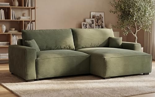 BUDWING Lauren Schlafsofa 3-Sitzer – Reversible Chaise Longue mit Stauraum – Modernes Design, Widerstandsfähiger Stoff 380 g/m² – 269x158x96 cm – Waldgrün