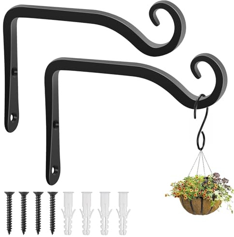 Apstaqeoo Hängekorbhalterung, robuste Pflanzenaufhänger für den Außenbereich, Schmiedeeisen, Pflanzenhänger mit Schrauben, schwarze Metall-Gartenhaken, Wandhalterung für Laterne, Pflanzgefäß, Zaun