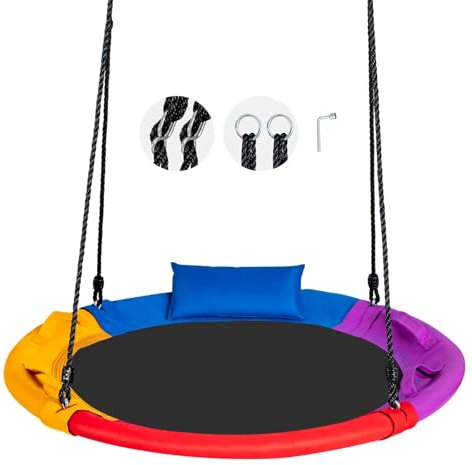 GOPLUS Nestschaukel Outdoor, Ø100cm Kinder Schaukel mit 100-180cm Verstellbarer Höhe & Kissen, Baumschaukel Rundschaukel bis 150 kg Belastbar, für Kinder ab 3, Indoor & Outdoor (Bunt Pro)