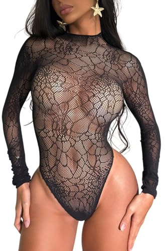 Gatamiau Women's Sexy Long Sleeves Backless Fishnet Bodysuit One Piece Sexy Bodycon Lingerie See Through Teddy Underwear Cut-Out Mesh Backless Tops Slim Fit Jumpsuit Leotard Tights
