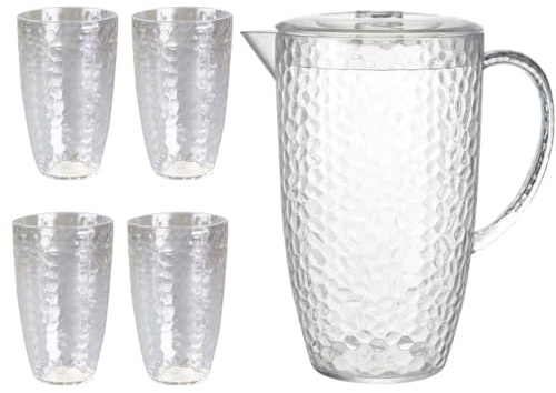 eMKay® Reusable Four Dimple Plastic Tumblers (650ml) & ONE Clear 2L Dimple Pitcher with Lid Set Durable Shatterproof Beakers & Jug for Juice, Water, Iced Tea – Ideal for Outdoor Use & Family Picnics