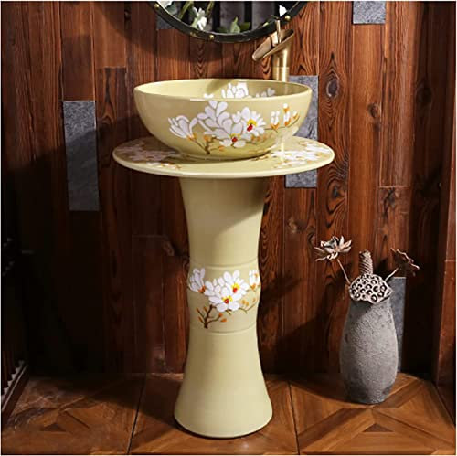 CAFIEDR Lavabo sur Pied autoportant pour Salle de Bain Art Hotel Home Art Lavabo sur Pied Vasque à Poser Toilettes combinées Lavabos Faits à la Main avec Robinet et tro(A avec Miroir)