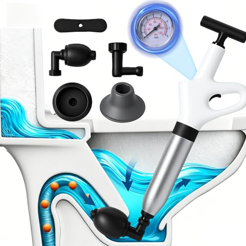 Rohrreiniger Druckluft – Rohrreinigungspumpe mit Manometer und 4 Saugnäpfen für Toilette | Waschbecken, Dusche & Badewanne – Effektiver Abflussreiniger gegen verstopfte Rohre